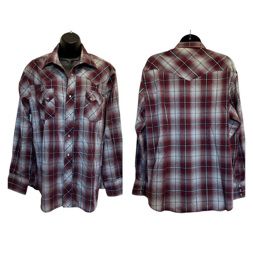 Vintage Wrangler Western Pearl Snap Button Down Plaid Metallic Thread Sz L